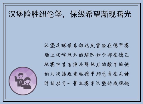 汉堡险胜纽伦堡，保级希望渐现曙光