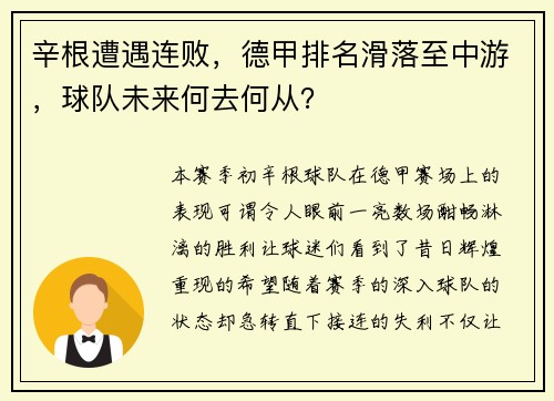 辛根遭遇连败，德甲排名滑落至中游，球队未来何去何从？